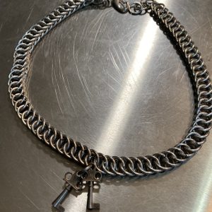 chainmaille stainless steel necklace with two key charms. 16"